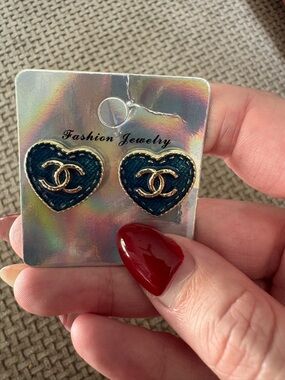 Heart Stud Earrings in dark teal Blue and Gold
